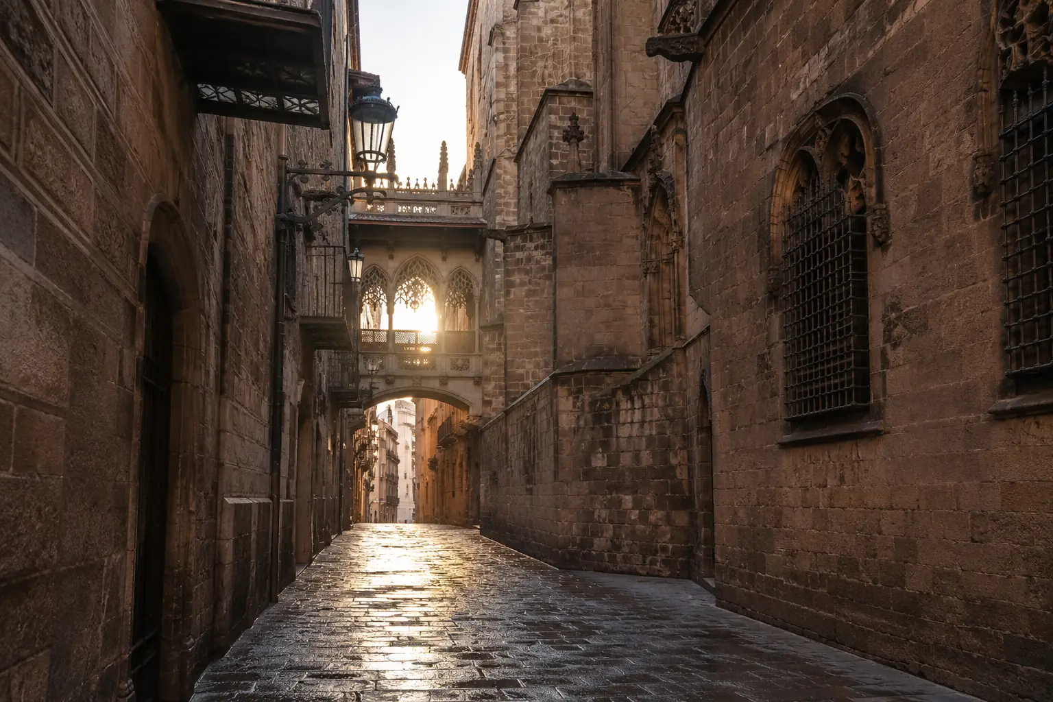 Gasse im Barri Gòtic bei Sonnenaufgang
